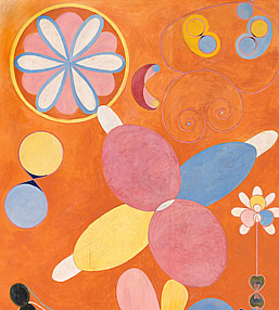 Abstract orange painting with colorful overlapping ovals, swirls, and stylized flowers.